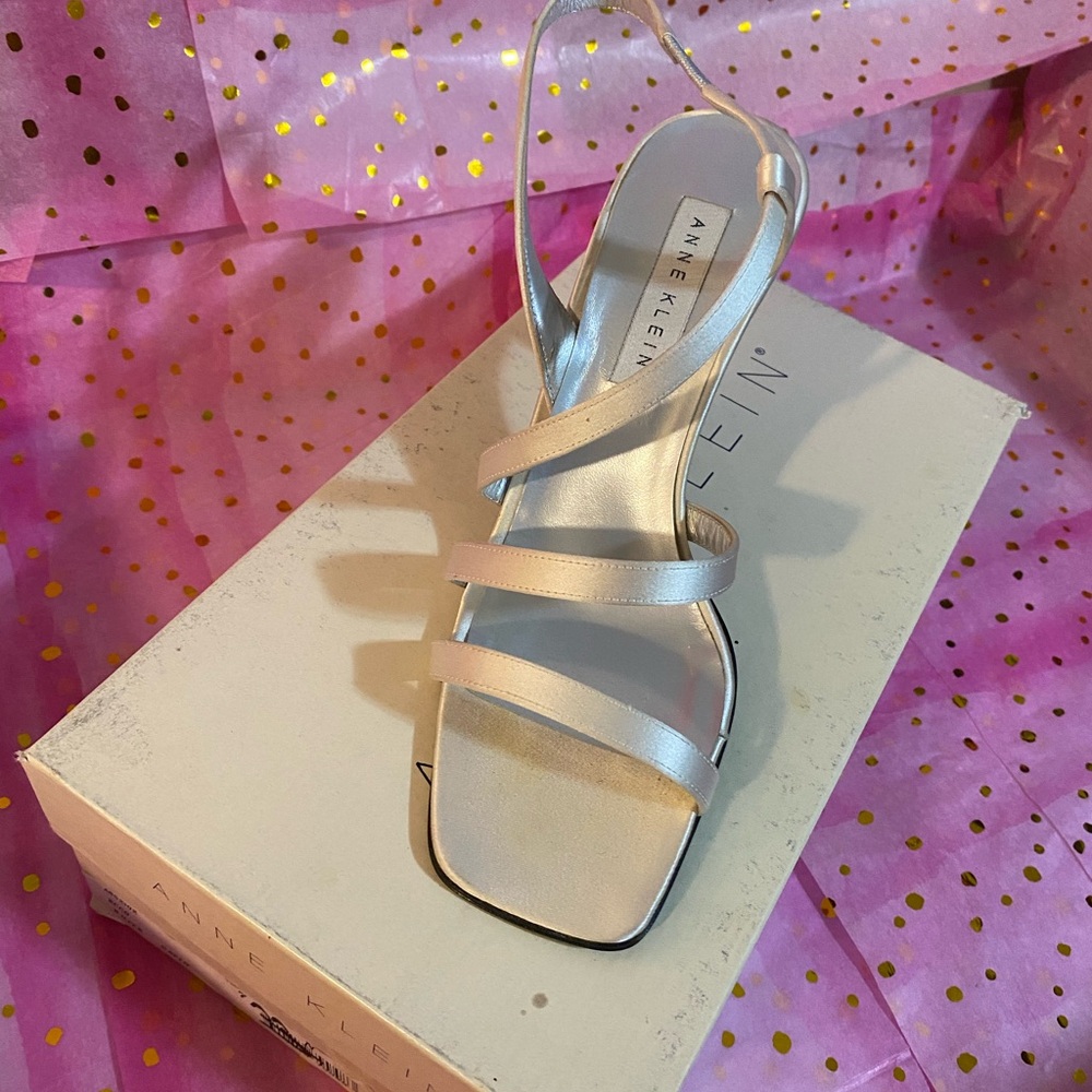 Anne Klein Silver Heeled Satin Sandals